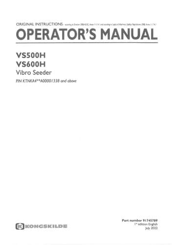 Kongskilde Vibro Seeder VS500H VS600H Operators Manual