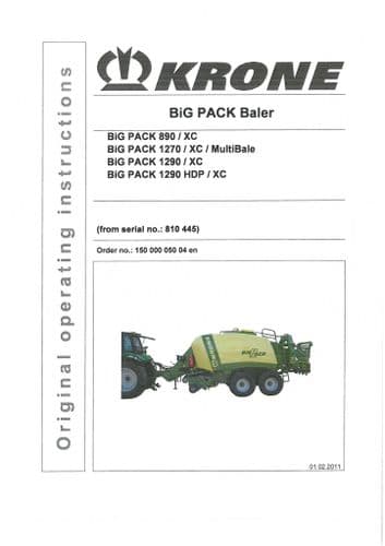 Krone Baler Big Pack  890 890XC 1270 1270XC 1290 1290XC 1290HDP 1290HDPXC Operators Manual 2011