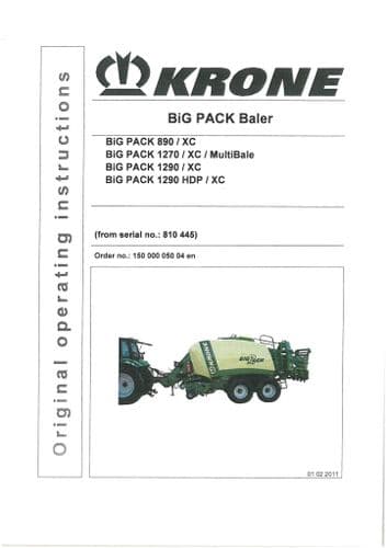 Krone Baler Big Pack 890 890XC 1270 1270XC 1290 1290XC 1290HDP 1290HDPXC Operators Manual 2011