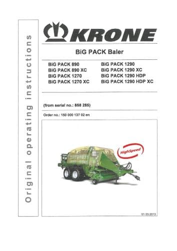 Krone Baler BigPack  High Speed 890 890XC 1270 1270XC 1290 1290XC 1290HDP 1290HDPXC Operator Manual