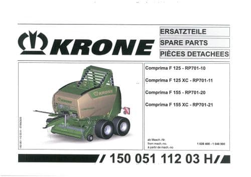 Krone Comprima  Round Baler F125 F155 F125XC F155XC Parts Manual - 125 155