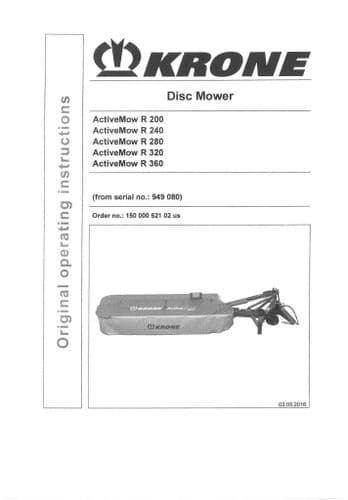 Krone Disc Mower Activemow R200 R240 R280 R320 R360 Operators Manual R 200 240 280 320 360