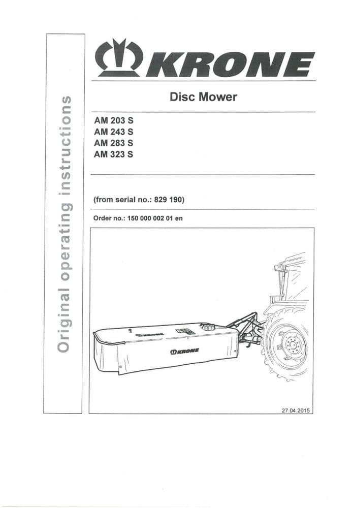 Krone Disc Mower AM203S AM243S AM283S AM323S Operators Manual AM 203 243  283 323 S