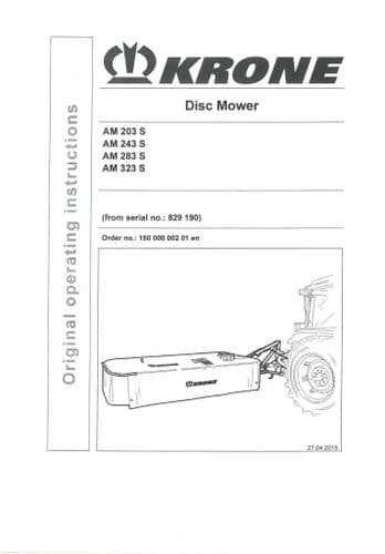 Krone Disc Mower AM203S AM243S AM283S AM323S Operators Manual AM 203 243 283 323 S