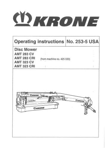 Krone Disc Mower AMT283CV AMT283CRI AMT323CV AMT323CRI Operators Manual AMT 283 323 CV CRI