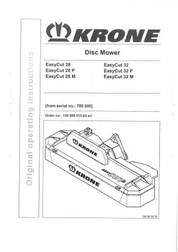Krone Disc Mower Easycut 28 28P 28M 32 32P 32M Operators Manual P M
