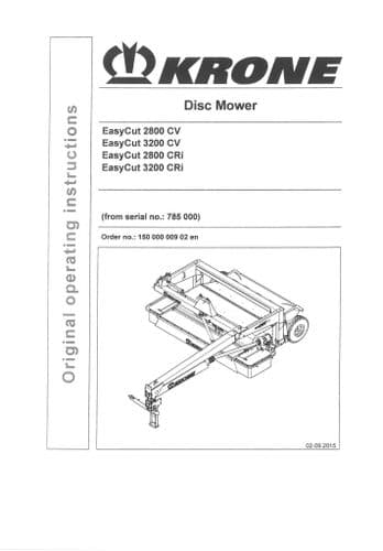 Krone Disc Mower Easycut 2800CV 3200CV 2800CRi 3200CRi Operators Manual 2800 3200 CV CRi