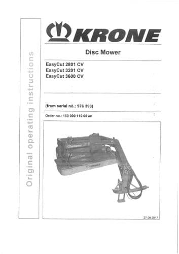 Krone Disc Mower EasyCut 2801CV 3201CV 3600CV Operators Manual 2801 3201 3600 CV