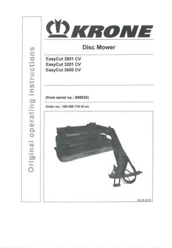 Krone Disc Mower Easycut 2804CV 3201CV 3600CV Operators Manual 2801 3201 3600 CV