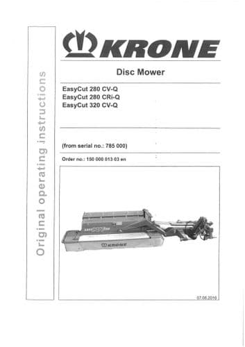 Krone Disc Mower Easycut 280CV-Q 280CRi-Q 320CV-Q Operators Manual 280 320 CV CR Q