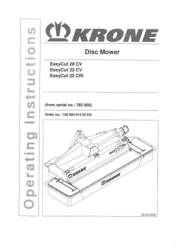 Krone Disc Mower Easycut 28CV 32CV 32CRI Operators Manual