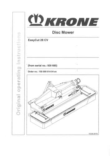 Krone Disc Mower Easycut 28CV Operators Manual 28 CV