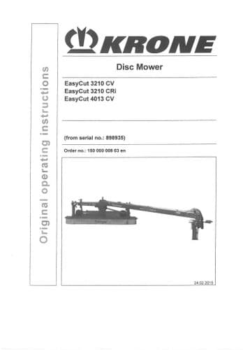 Krone Disc Mower Easycut 3210CV 3210CRi 4013CV Operators Manual 32104013 CV CRi