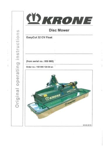 Krone Disc Mower Easycut 32CV Float Operators Manual 32 CV