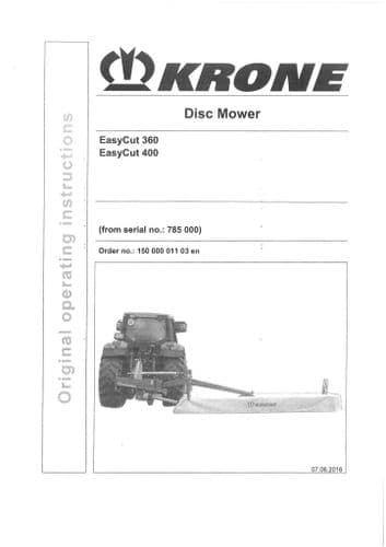 Krone Disc Mower Easycut 360 400  Operators Manual