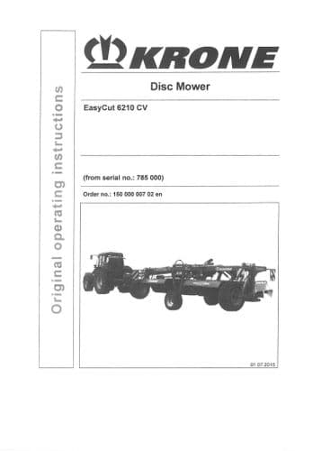 Krone Disc Mower Easycut 6210CV Operators Manual  6210 CV