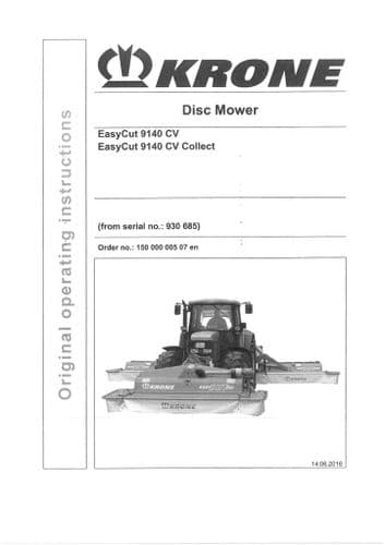 Krone Disc Mower EasyCut 9140CV 9140CV Collect Operators Manual 9140 CV