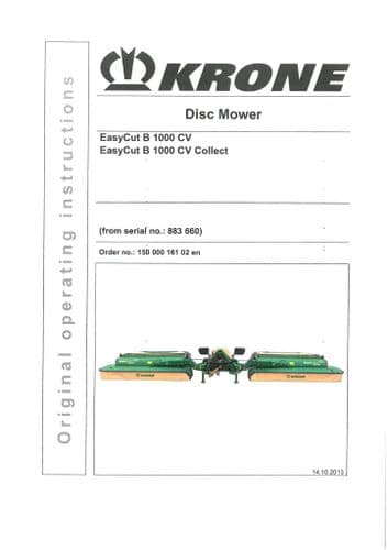 Krone Disc Mower EasyCut B1000CV B1000CV Collect Operators Manual B 1000 CV