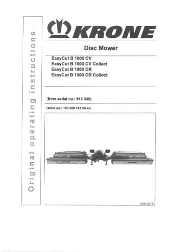 Krone Disc Mower Easycut B100CV B1000CR & Collect  Operators Manual B 1000 CV CR