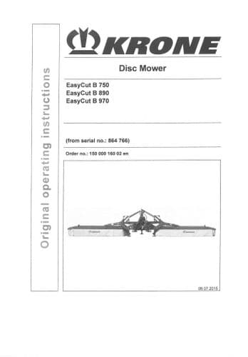 Krone Disc Mower Easycut B750 B890 B970 Operators Manual B 750 890 970