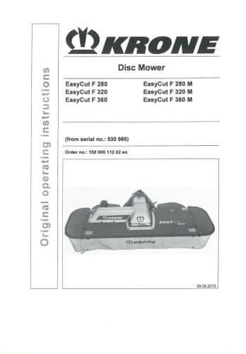 Krone Disc Mower Easycut F280 F280M F320 F320M F360 F360M Operators Manual  F 280 320 360 M