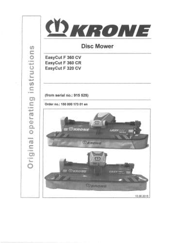 Krone Disc Mower Easycut F360CV F360CR F320CV Operators Manual F 360 320 CV CR