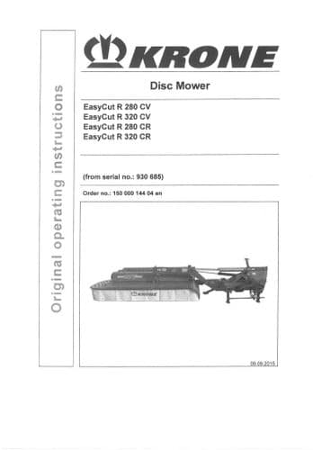 Krone Disc Mower Easycut R280CV R320CV R280CR R320CR Operators Manual R 280 320 CV CR
