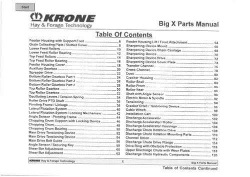 Krone Forage Harvester Big X Parts Manual