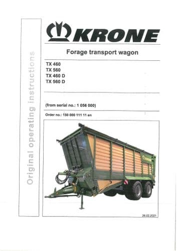 Krone Forage Transport Wagon TX460 TX560 TX460D TX560D Operators Manual TX 450 560 D