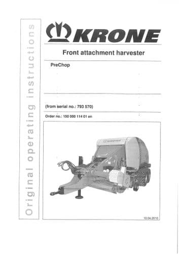 Krone Front Attachment Harvester Prechop Operators Manual