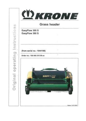 Krone Grass Header Easyflow 300S 380S - Operators Manual - 300  380 S