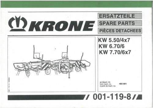 Krone Hay Tedder  KW5.50/4x7 KW6.70/6 KW7.70/6x7 Parts Manual - ORIGINAL MANUAL