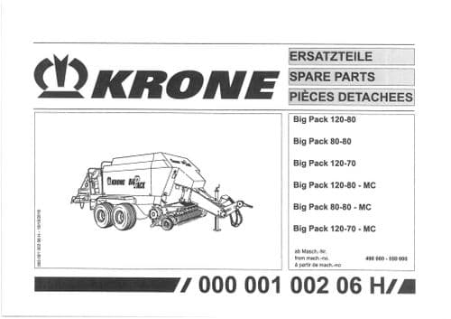 Krone Large Square Bale Big Pack 120 -80 80 - 80 120 - 70  MC -  Parts Manual