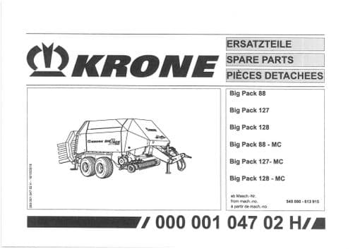 Krone Large Square Bale Big Pack 88 127 128 Big Pack 88 127 128 MC -  Parts Manual