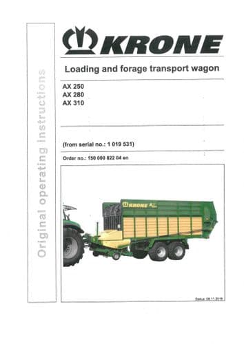 Krone Loading and Forage Transport Wagon AX 250 280 310 Operators Manual