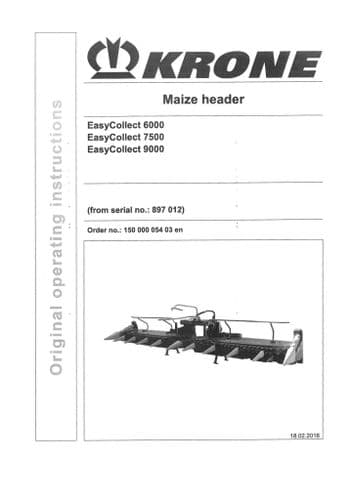 Krone Maize Header Easy Collect 6000 7500 9000 - Operators Manual - 6000 7500 9000