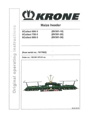 Krone Maize Header XCollect 600-3 750-3 900-3 - Operators Manual