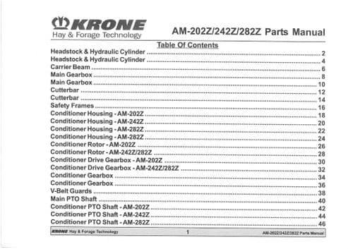Krone Mower AM 202Z 242Z 282Z Parts Manual