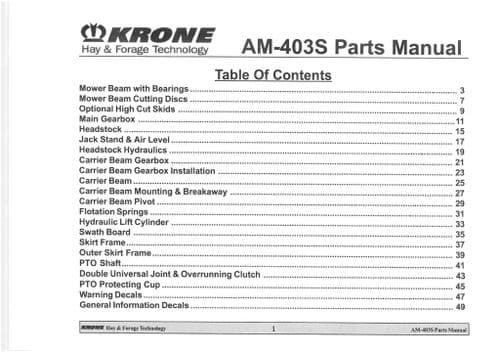 Krone Mower AM 403S Parts Manual