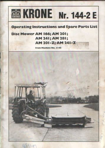 Krone Mower AM166 AM201 AM241 AM281 AM201-Z AM241-Z Operators Manual and Parts List