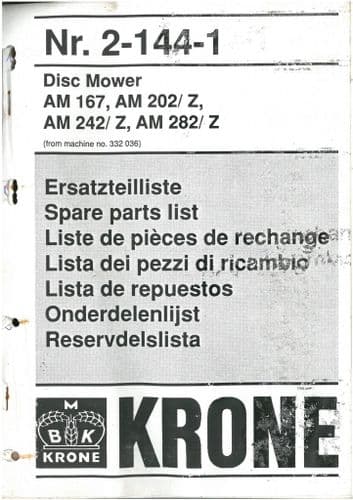 Krone Mower AM167 AM202/Z AM242/Z AM282/Z Parts Manual - AM 167 202 242 282