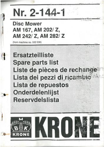 Krone Mower AM167 AM202/Z AM242/Z AM282/Z Parts Manual - ORIGINAL