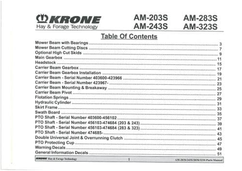 Krone Mower AM203S AM243S AM283S AM323S Parts Manual AM 203 243 283 323 S
