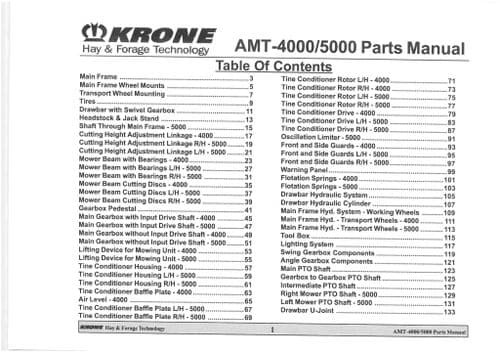 Krone Mower AMT 4000 5000 Parts Manual