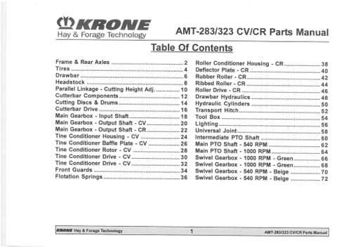Krone Mower AMT283 AMT323 CV CR  Parts Manual AMT 283 323