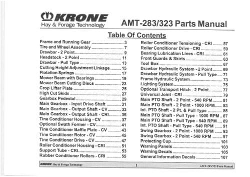 Krone Mower AMT283 AMT323 Parts Manual AMT 283 323