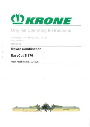 Krone Mower Combination EasyCut B870 Operators Manual B870