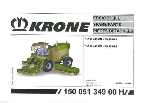 Krone Mower Conditioner Big M 450 CR - BM 105-15 BM105-25 Parts Manual