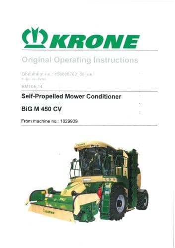 Krone Mower Conditioner Self Propelled Big M 450 CV Operators Manual 450CV