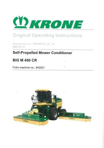 Krone Mower Conditioner Self Propelled Big M 450CR Operators Manual 450 CR